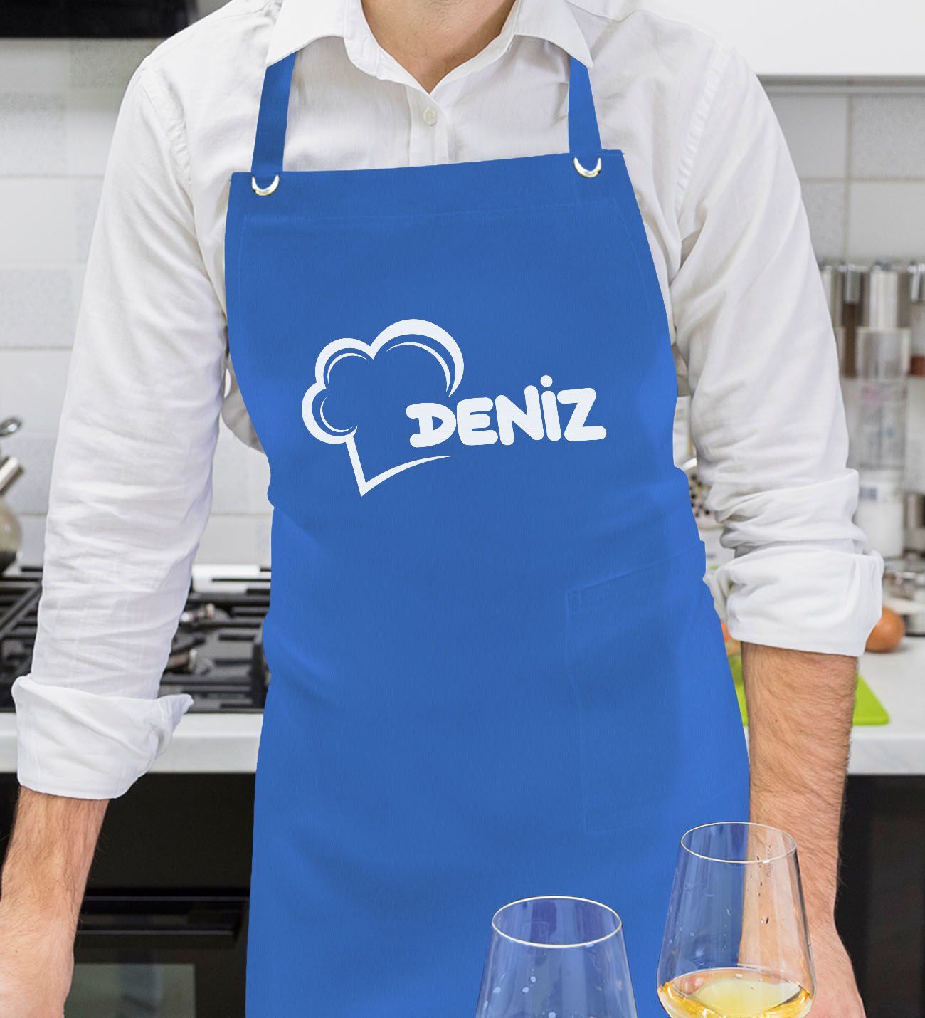 BK Gift Kişiye Özel İsimli Chef Tasarımlı Profesyonel Saks Mavi Mutfak Önlüğü, Aşçı Önlüğü, Şef Önlüğü, Arkadaşa Hediye-2