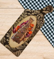 BK Gift Retro Motif Tasarımlı Dikdörtgen Şeklinde Doğal Ahşap Servis ve Sunum Tabağı Model 6