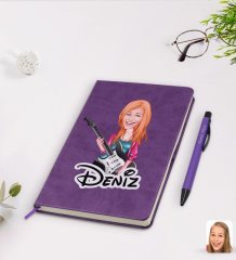 Kişiye Özel Kadın Gitarist Karikatürlü Mor Termo Deri Defter Kalem Seti Model 1