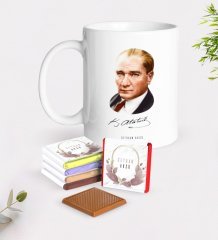 Kişiye Özel Atatürk Temalı Beyaz Kupa ve Çikolata Hediye Seti-12