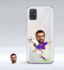 Kişiye Özel Bordo Mavi Futbolcu Karikatürlü Samsung Galaxy A51 İnce Şeffaf Silikon Telefon Kapağı