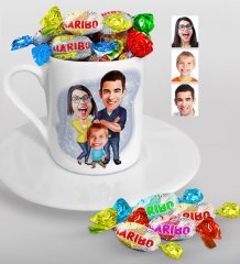 Kişiye Özel Aile Karikatürlü Türk Kahvesi Fincanı ve Haribo Şeker Hediye Seti-1