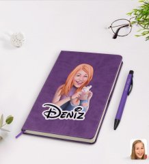 Kişiye Özel Kadın Karikatürlü Mor Termo Deri Defter Kalem Seti Model 103
