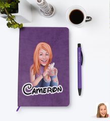 Kişiye Özel Kadın Karikatürlü Mor Termo Deri Defter Kalem Seti Model 103
