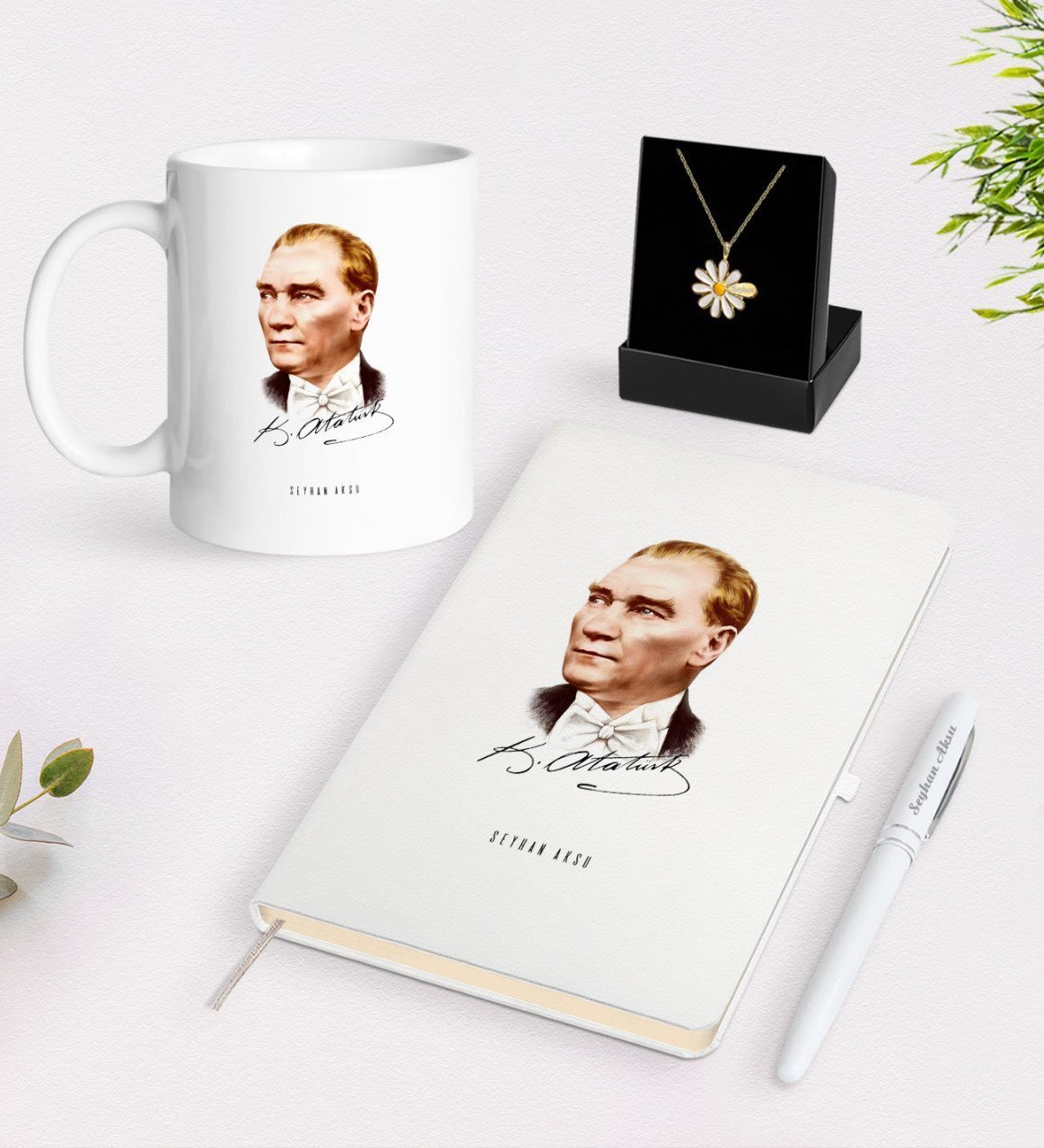 Kişiye Özel Atatürk Temalı Beyaz Kupa Defter Kalem ve İsimli Papatya Kolye Hediye Seti-15