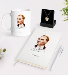Kişiye Özel Atatürk Temalı Beyaz Kupa Defter Kalem ve İsimli Papatya Kolye Hediye Seti-15
