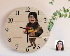 Kişiye Özel Tesettürlü Kadın Öğretmen Karikatürlü Otantik Ahşap Palet Saat-2