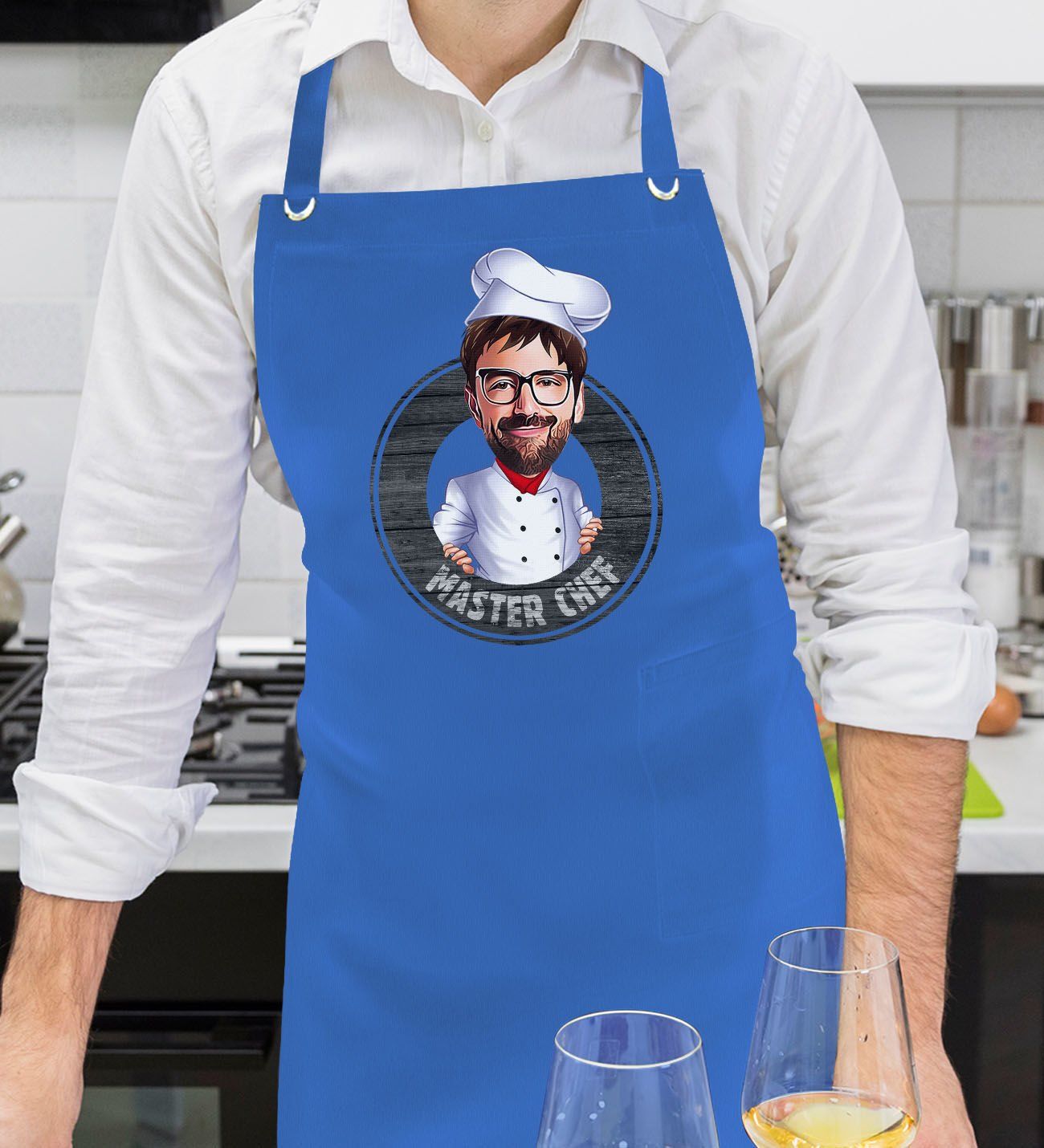 BK Gift Kişiye Özel Erkek Master Chef Karikatürlü Profesyonel Saks Mavi Mutfak Önlüğü, Aşçı Önlüğü, Şef Önlüğü, Arkadaşa Hediye-1