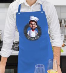 BK Gift Kişiye Özel Erkek Master Chef Karikatürlü Profesyonel Saks Mavi Mutfak Önlüğü, Aşçı Önlüğü, Şef Önlüğü, Arkadaşa Hediye-1