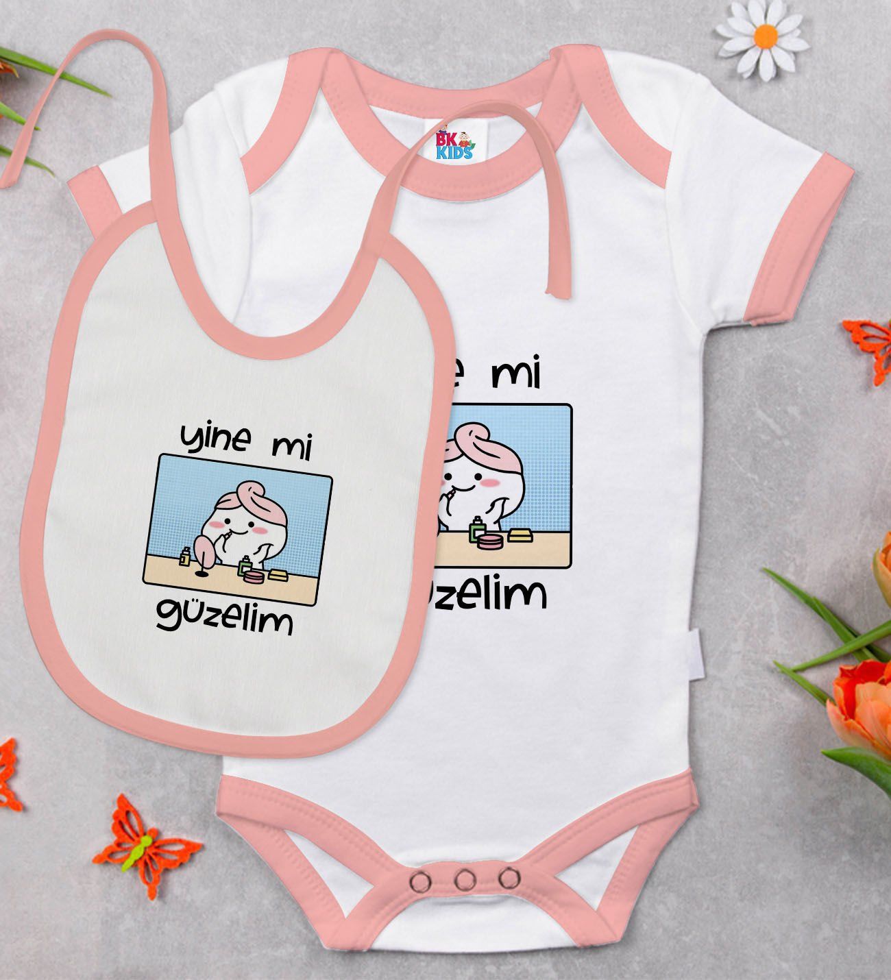 BK Kids Yine Mi Güzelim Tasarımlı Pembe Bebek Body Zıbın ve Mama Önlüğü Hediye Seti-1
