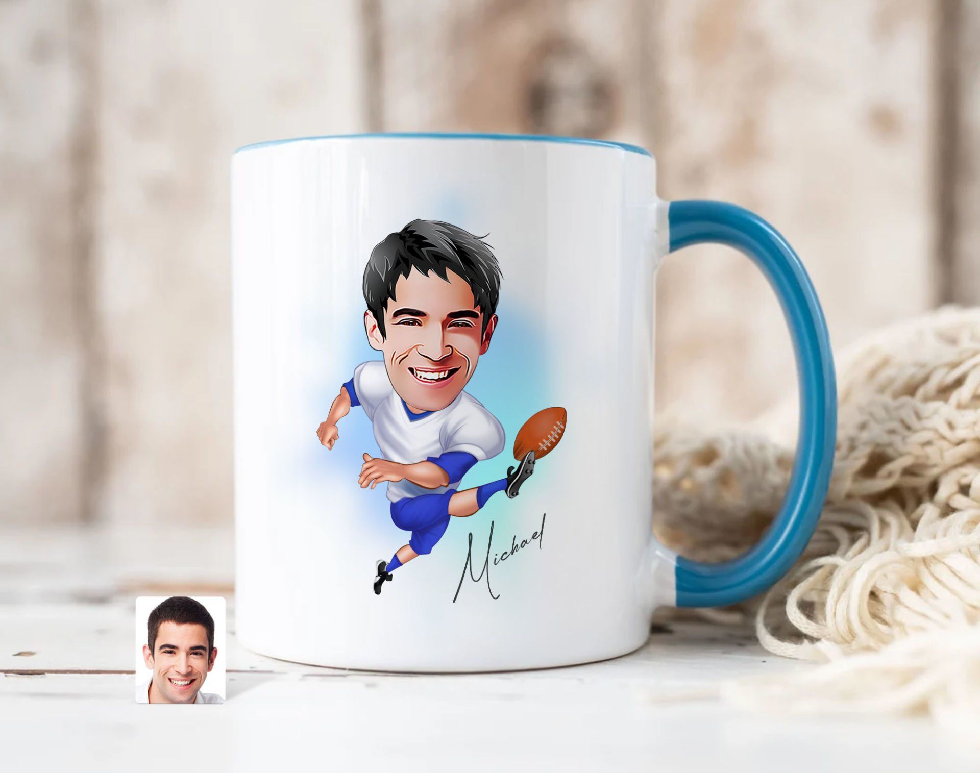 Bk Gift Kişiye Özel Amerikan Futbolcusu Karikatürlü Mavi Kupa Bardak-10, Sevgiliye Hediye, Arkadaşa Hediye