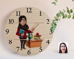 Kişiye Özel Tesettürlü Kadın Öğretmen Karikatürlü Otantik Ahşap Palet Saat-1