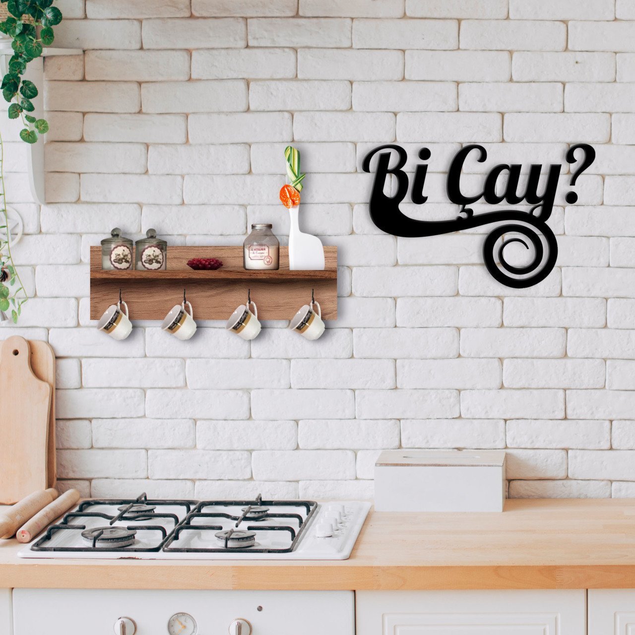 BK Home Doğal Ahşap Raflı Dekoratif Fincan Askılığı ve Bi Çay Duvar Süsü-4