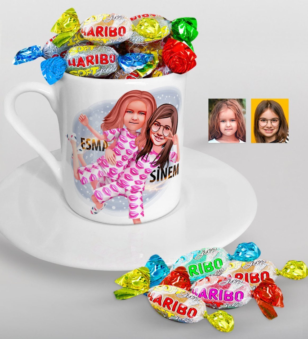 Kişiye Özel Kız Kardeşler Karikatürlü Türk Kahvesi Fincanı ve Haribo Şeker Hediye Seti-1