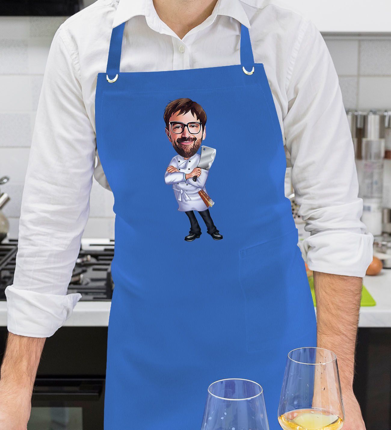 BK Gift Kişiye Özel Erkek Chef Karikatürlü Profesyonel Saks Mavi Mutfak Önlüğü, Aşçı Önlüğü, Şef Önlüğü, Arkadaşa Hediye-20