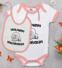 BK Kids Yıkılmadım Dinleniyorum Tasarımlı Pembe Bebek Body Zıbın ve Mama Önlüğü Hediye Seti-1
