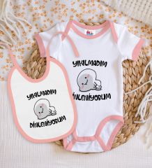 BK Kids Yıkılmadım Dinleniyorum Tasarımlı Pembe Bebek Body Zıbın ve Mama Önlüğü Hediye Seti-1