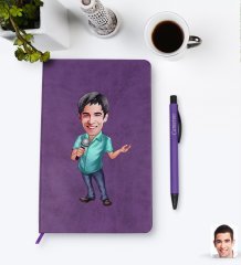 Kişiye Özel Erkek Şarkıcı Karikatürlü Mor Termo Deri Defter Kalem Seti Model 1