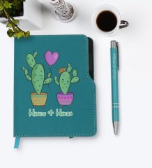 Kişiye Özel Kaktüs Tasarımlı Turkuaz Termo Deri Defter Kalem Seti-12
