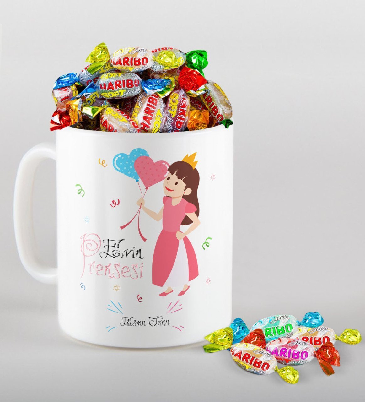 Kişiye Özel Evin Prensesi Tasarımlı Kupa ve Haribo Fruitbons Şeker Hediye Seti-2