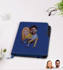 Kişiye Özel Sevgililer Karikatürlü Lacivert Termo Deri Defter-102