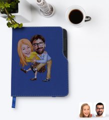 Kişiye Özel Sevgililer Karikatürlü Lacivert Termo Deri Defter-102