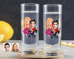 Kişiye Özel Renkli Baskılı Sevgililer Karikatürlü İkili Vodka Bardağı-9