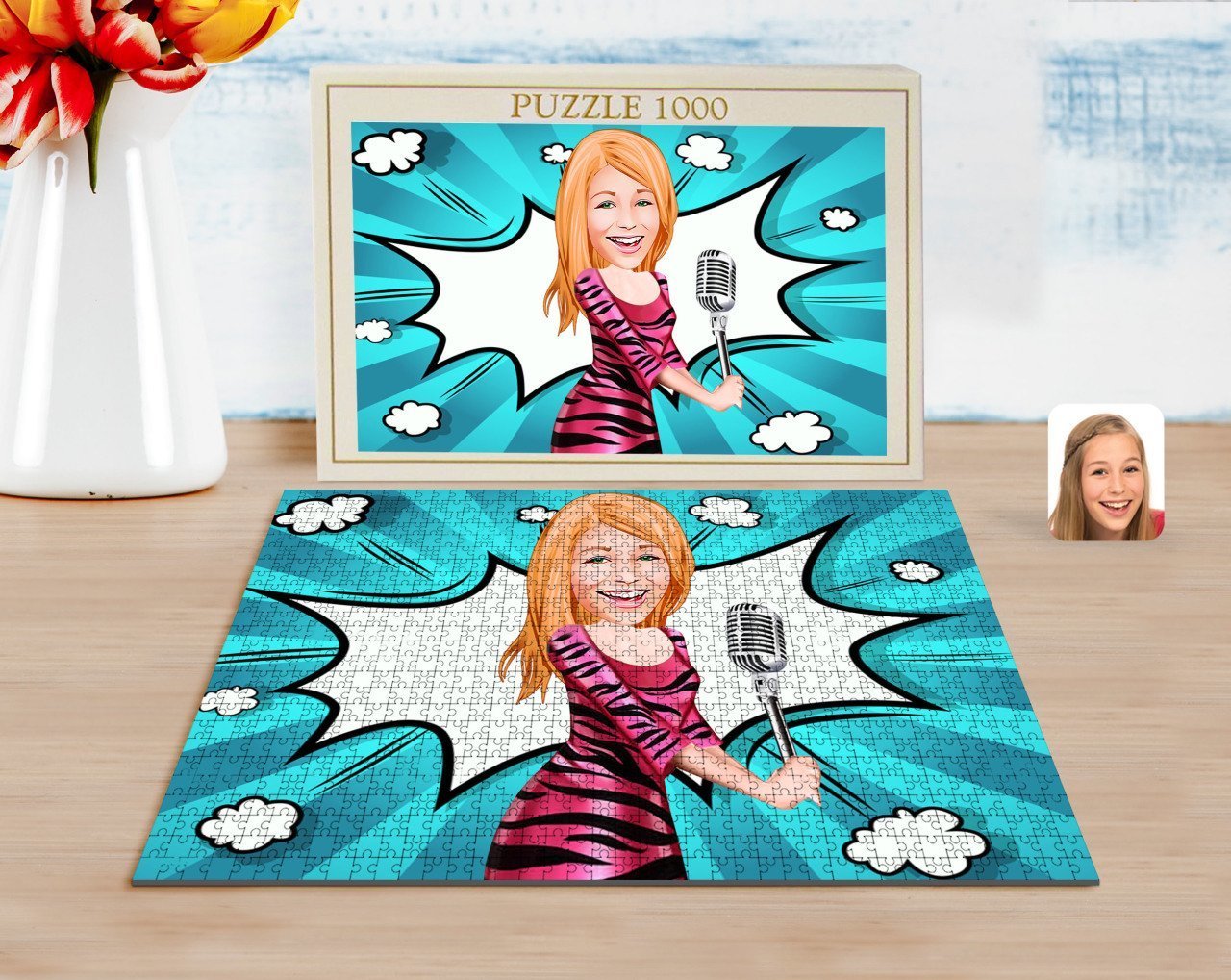 Kişiye Özel Şarkı Söyleyen Kız Karikatürlü 1000 Parça Profesyonel Puzzle-2