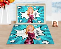 Kişiye Özel Şarkı Söyleyen Kız Karikatürlü 1000 Parça Profesyonel Puzzle-2