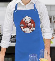 BK Gift Kişiye Özel Erkek Chef Karikatürlü Profesyonel Saks Mavi Mutfak Önlüğü, Aşçı Önlüğü, Şef Önlüğü, Arkadaşa Hediye-2