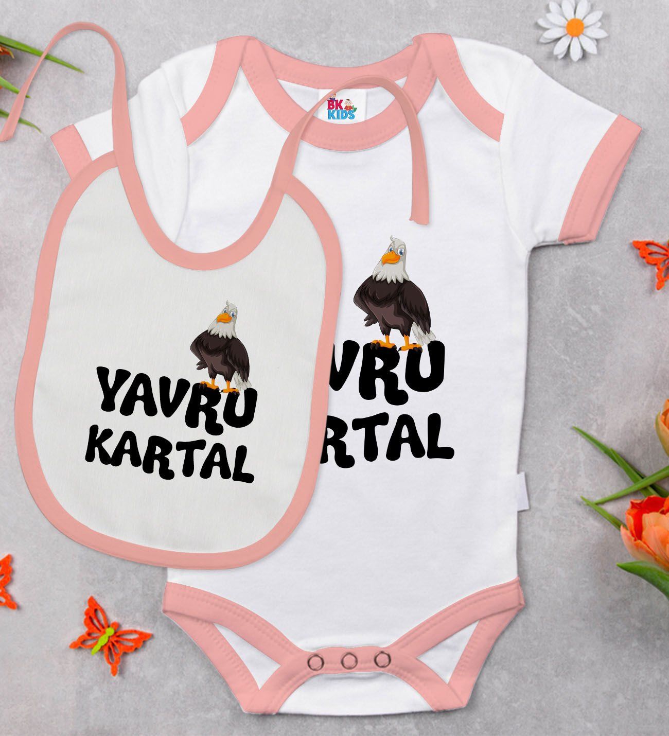 BK Kids Yavru Kartal Tasarımlı Pembe Bebek Body Zıbın ve Mama Önlüğü Hediye Seti-1