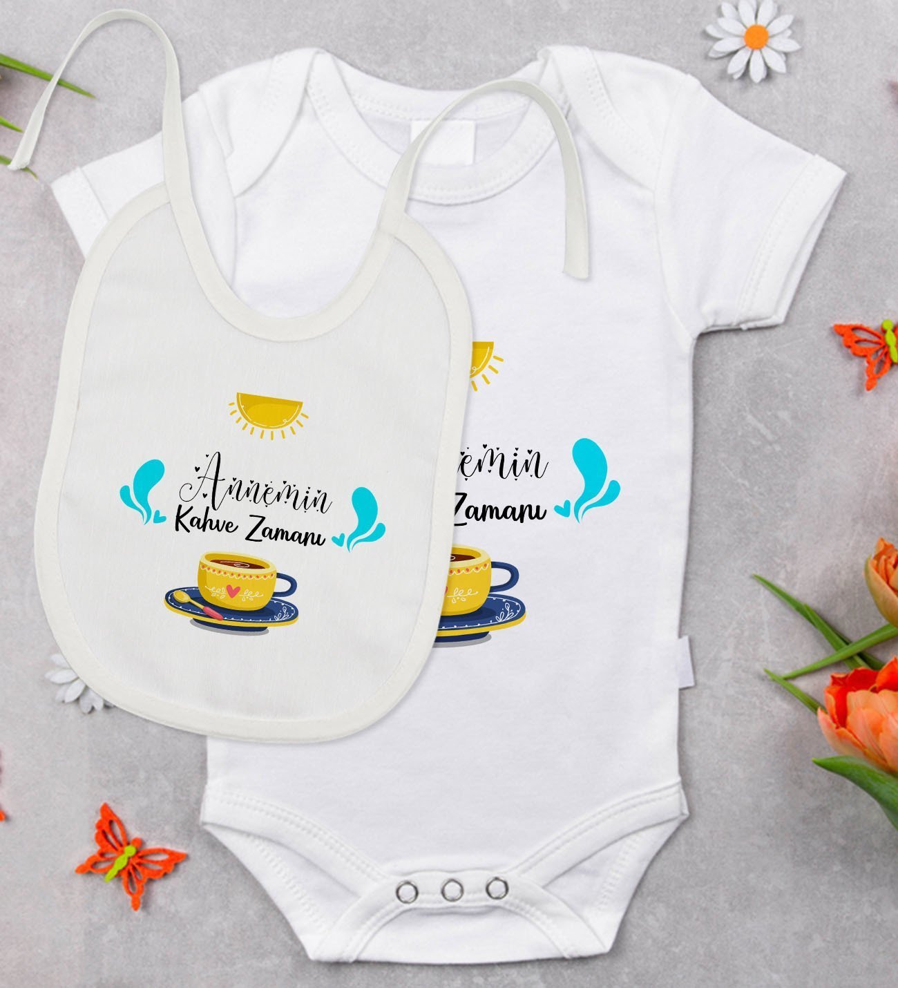 BK Kids Annemin Kahve Zamanı Tasarımlı Bebek Body Zıbın ve Mama Önlüğü Hediye Seti - Model 1