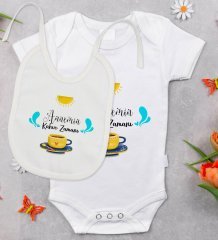 BK Kids Annemin Kahve Zamanı Tasarımlı Bebek Body Zıbın ve Mama Önlüğü Hediye Seti - Model 1