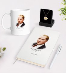 Kişiye Özel Atatürk Temalı Beyaz Kupa Defter Kalem ve İsimli Papatya Kolye Hediye Seti-12