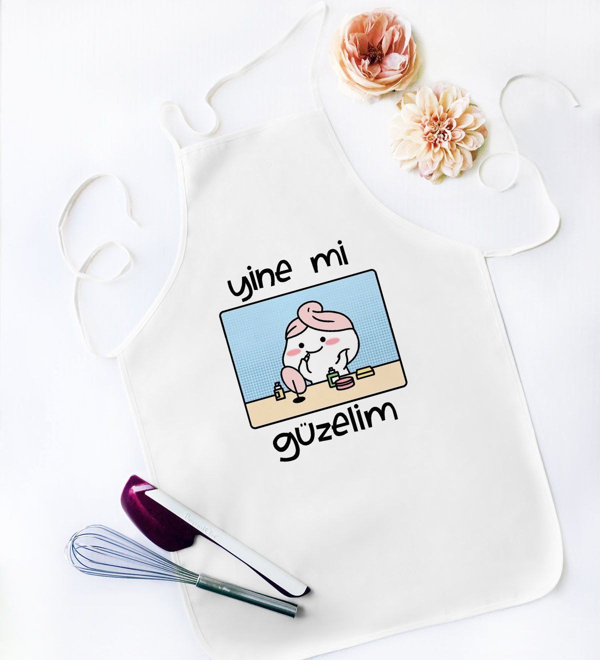 BK Gift Yine Mi Güzelim Tasarımlı Beyaz Mutfak Önlüğü - Model 1