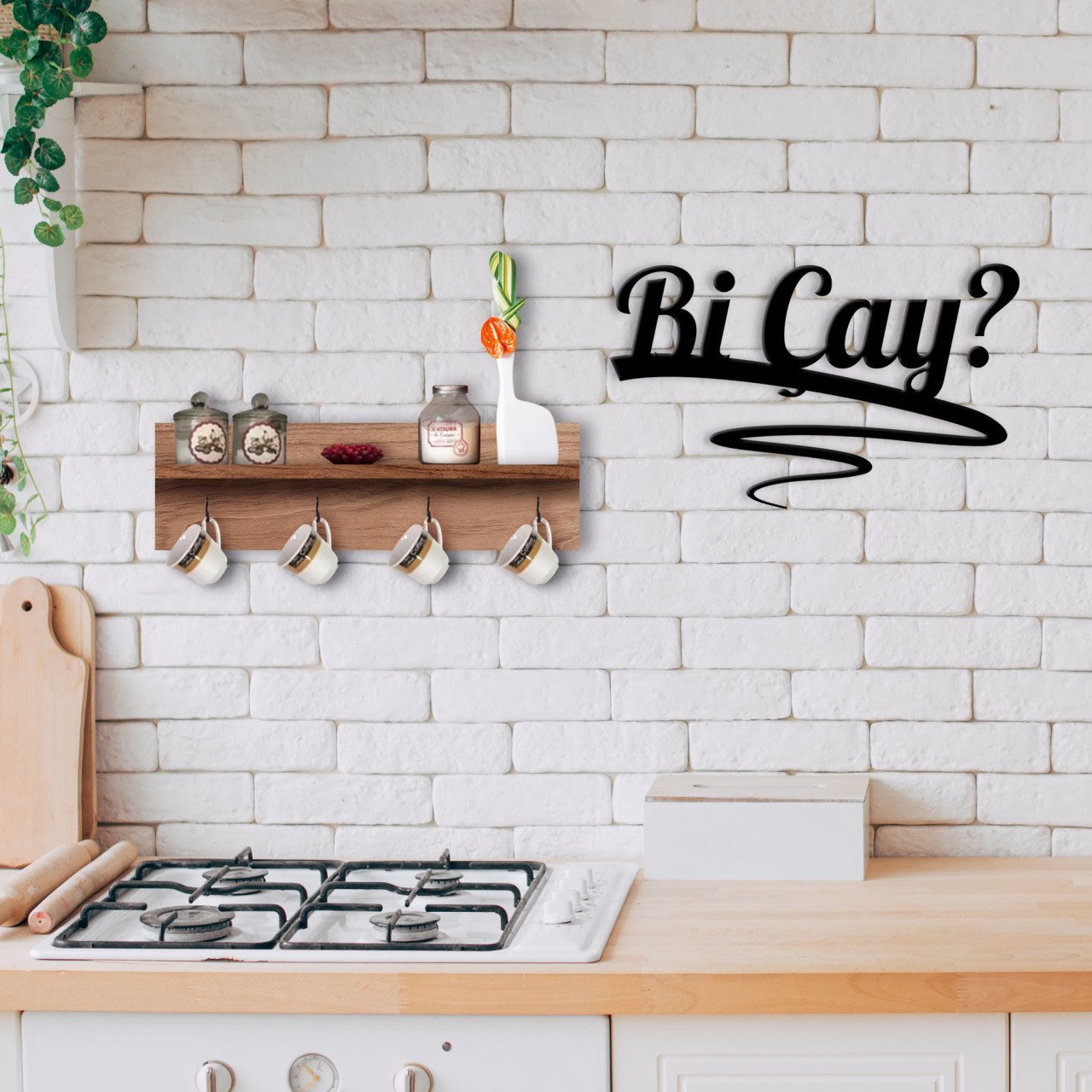 BK Home Doğal Ahşap Raflı Dekoratif Fincan Askılığı ve Bi Çay Duvar Süsü-2