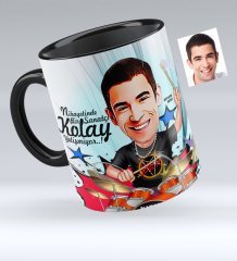 Kişiye Özel Bay Baterist Karikatürlü Siyah Kupa Bardak - 1