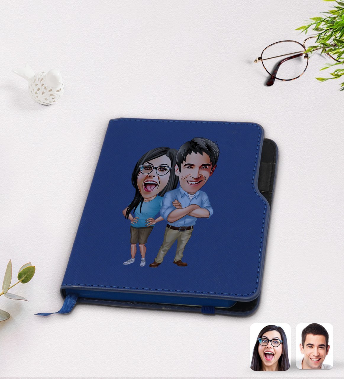 Kişiye Özel Sevgililer Karikatürlü Lacivert Termo Deri Defter-101