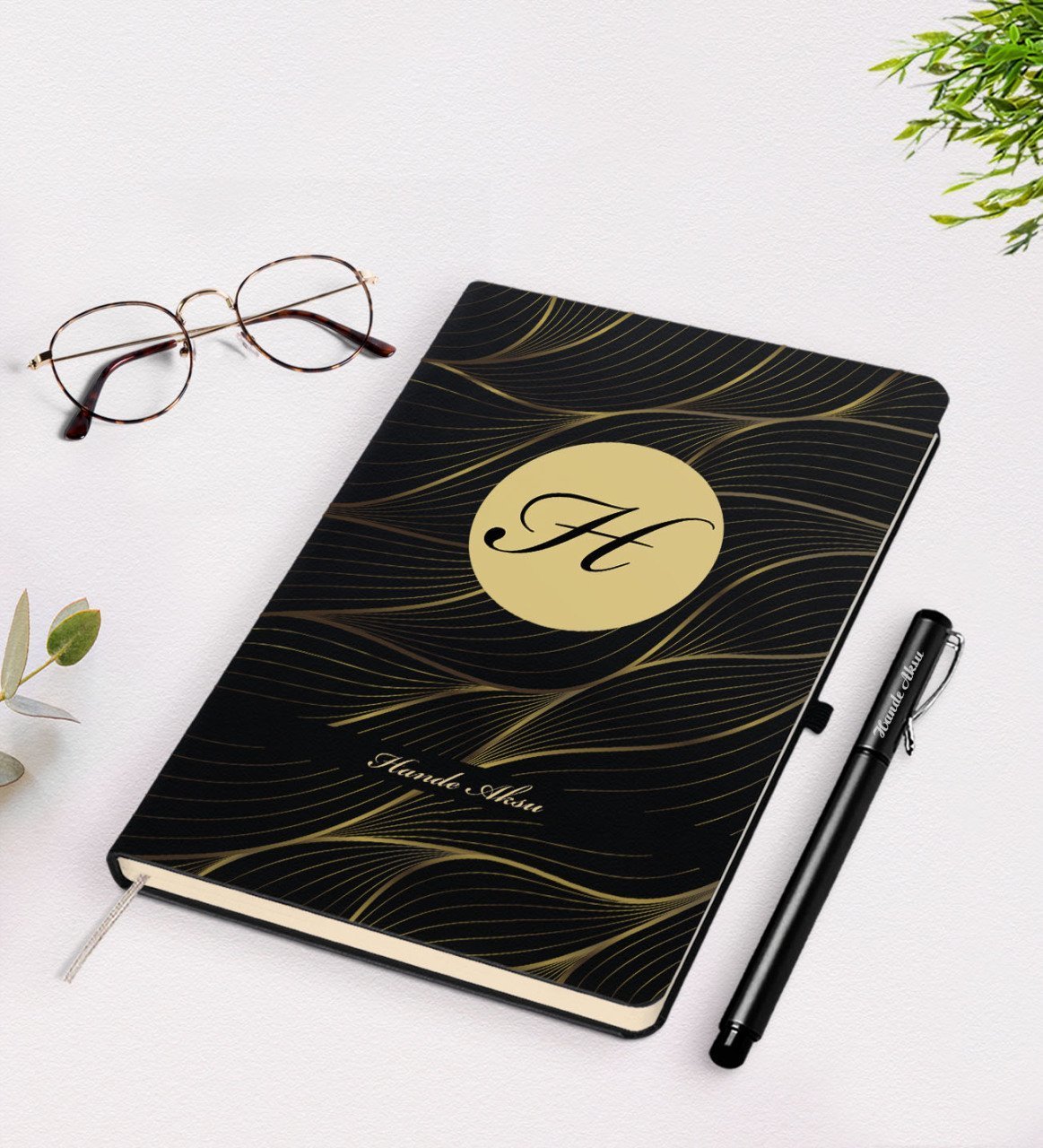 Kişiye Özel Baş Harf İsim Tasarımlı Siyah Defter Kalem Seti-3