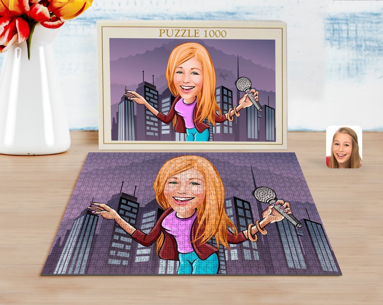 Kişiye Özel Şarkı Söyleyen Kız Karikatürlü 1000 Parça Profesyonel Puzzle-1