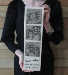Kişiye Özel Karakalem 3 Fotoğraflı ve Mesajlı Dekoratif Doğal Ahşap Çerçeve