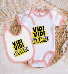 BK Kids Vidi Vidi Etma Tasarımlı Pembe Bebek Body Zıbın ve Mama Önlüğü Hediye Seti-1