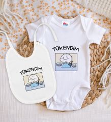 BK Kids Tükendim Tasarımlı Beyaz Bebek Body Zıbın ve Mama Önlüğü Hediye Seti-1