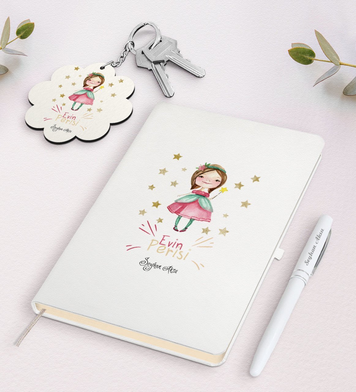 Kişiye Özel Evin Perisi Beyaz Defter Kalem ve Anahtarlık Hediye Seti-3