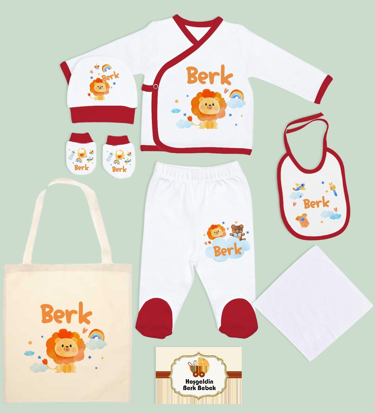 BK Kids Kişiye Özel Kırmızı Hastane Çıkışı, Anneye Hediye, İsimli Bez Çanta, Yeni Doğan Bebek Giyim Hediyesi, 8 Parça Bebek Hediye Seti-4