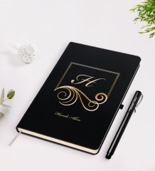 Kişiye Özel Baş Harf İsim Tasarımlı Siyah Defter Kalem Seti-2