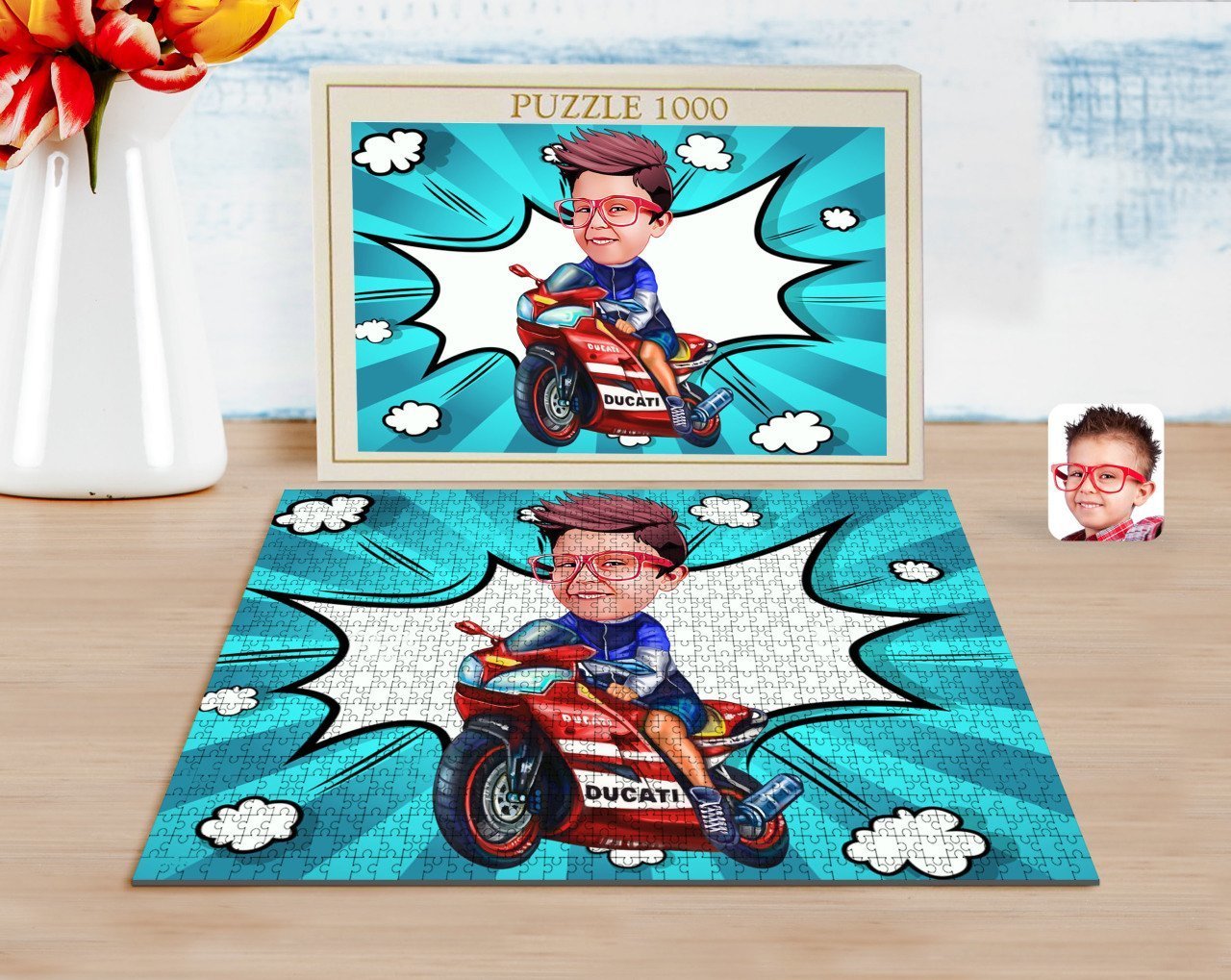 Kişiye Özel Çocuk Motorcu Karikatürlü 1000 Parça Profesyonel Puzzle-1