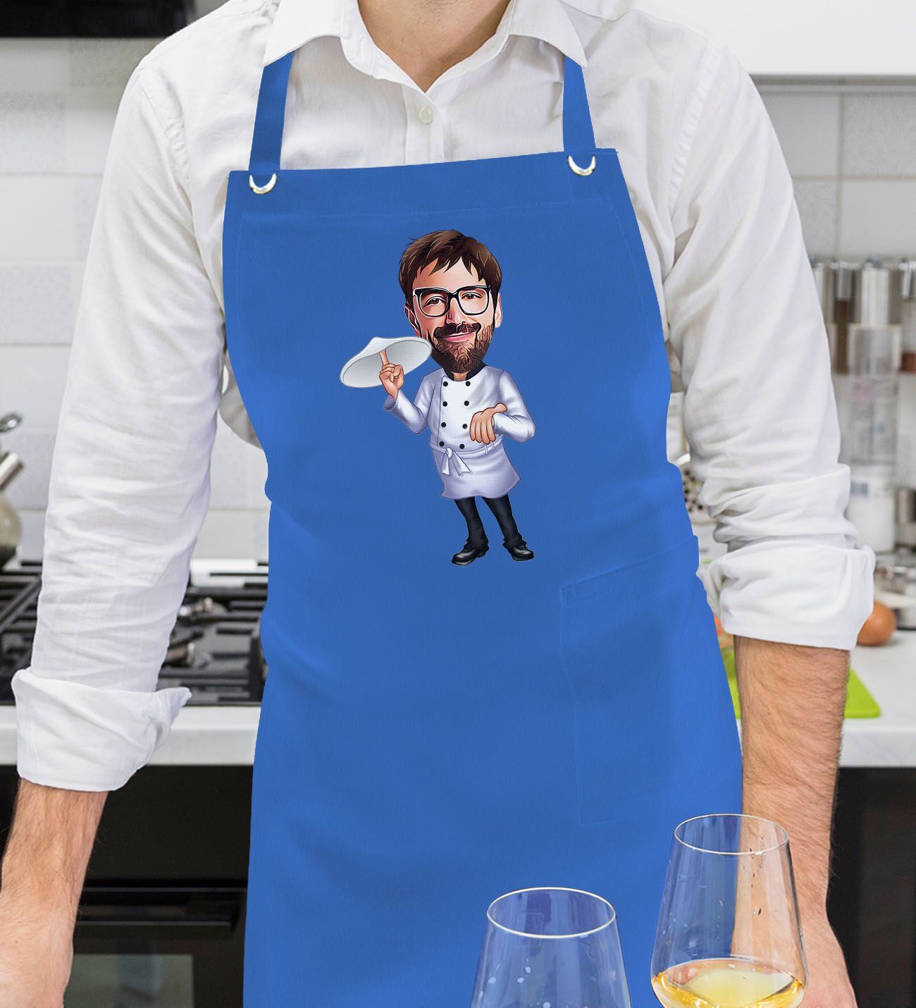 BK Gift Kişiye Özel Pizza Chef Karikatürlü Profesyonel Saks Mavi Mutfak Önlüğü, Aşçı Önlüğü, Şef Önlüğü, Arkadaşa Hediye-1