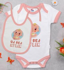 BK Kids Üj Bej Aylık Tasarımlı Pembe Bebek Body Zıbın ve Mama Önlüğü Hediye Seti-1