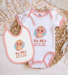 BK Kids Üj Bej Aylık Tasarımlı Pembe Bebek Body Zıbın ve Mama Önlüğü Hediye Seti-1